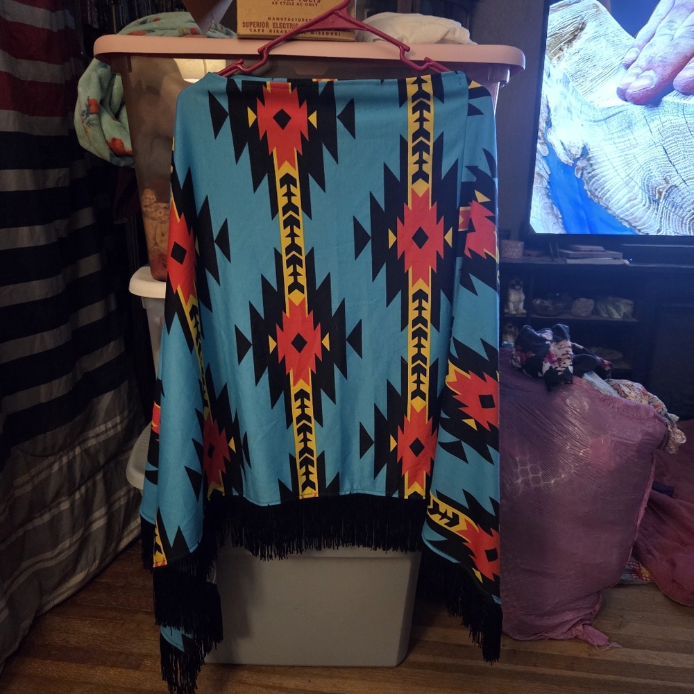 Vibrant Geometric Patterned Shawl with Fringe